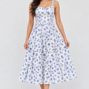 Tiered Midi Dress - Blue Floral